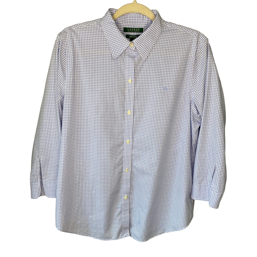 Lauren Ralph Lauren Blue Gingham Non-Iron 3/4 Sleeve Button Down Shirt Large